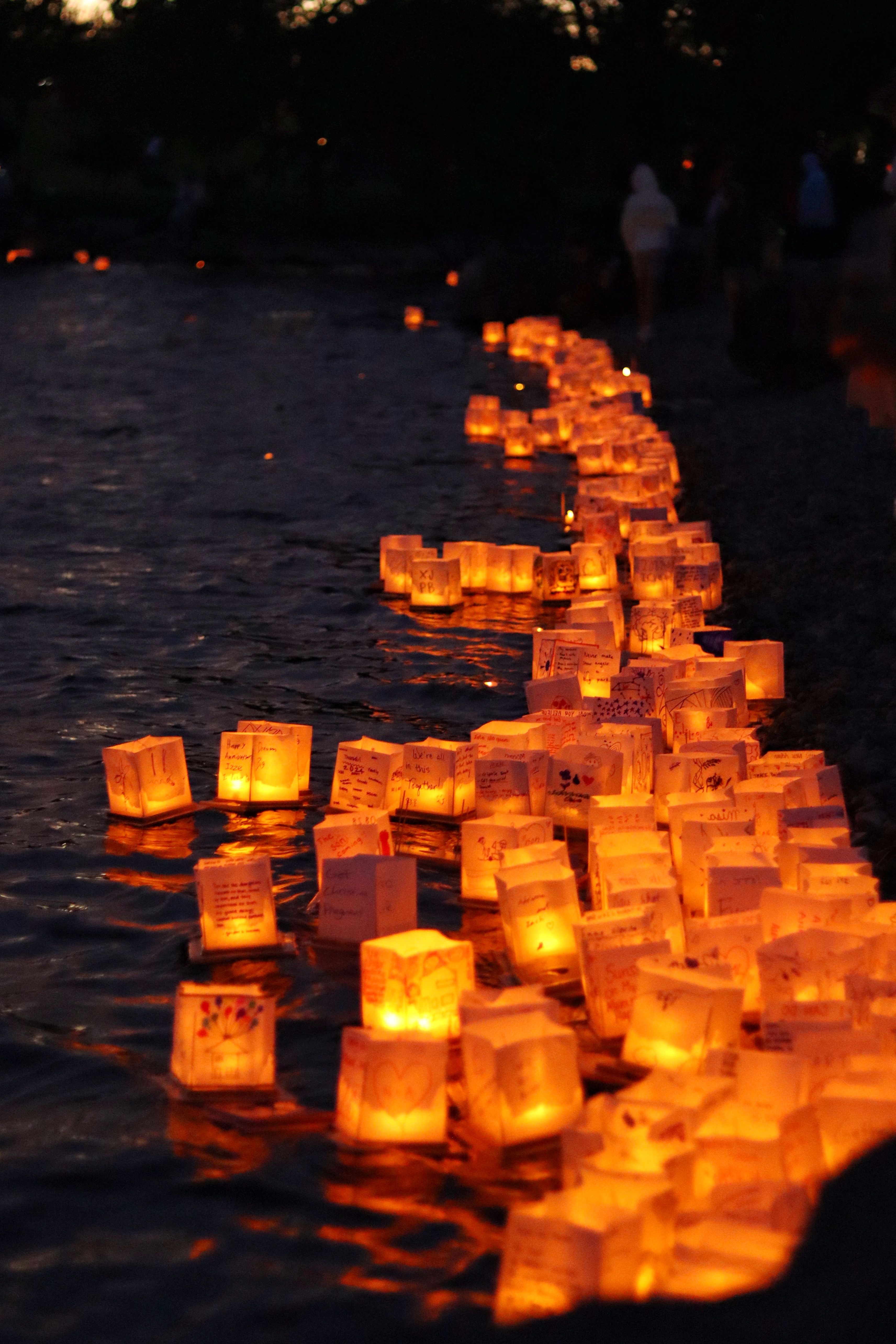 Water Lantern Festival at Julia Davis Park in Boise, Idaho, glowing paper lanterns floating across dark water at night
